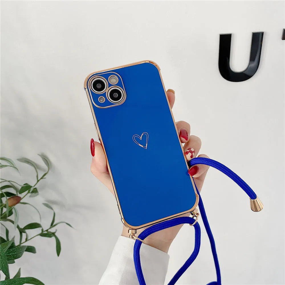 Electroplating hollow love TPU phone case with grey lanyard for iPhone 12