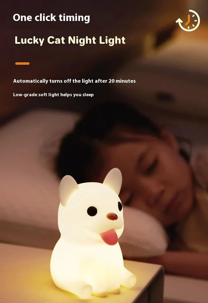 Cartoon animal USB night light with dimming control on bedside table