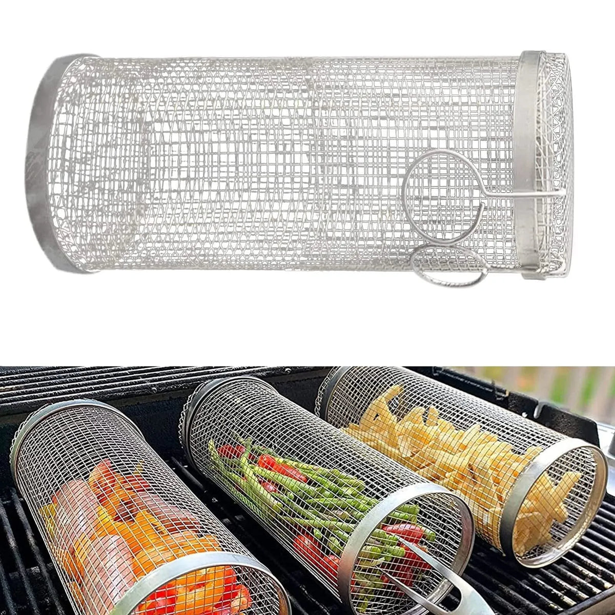 Rolling grill basket iron wire mesh 20x10x10cm with hook, filled with vegetables on a barbecue