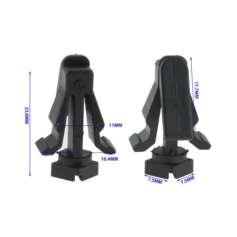 Black plastic automotive fastening clip for Nissan bumper and radiator grille, part number 76882-0M060