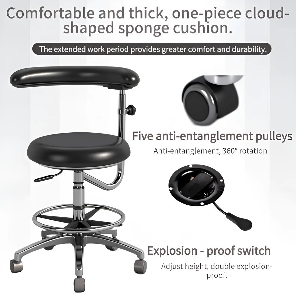Black leather dental nurse chair with lift mechanism and casters