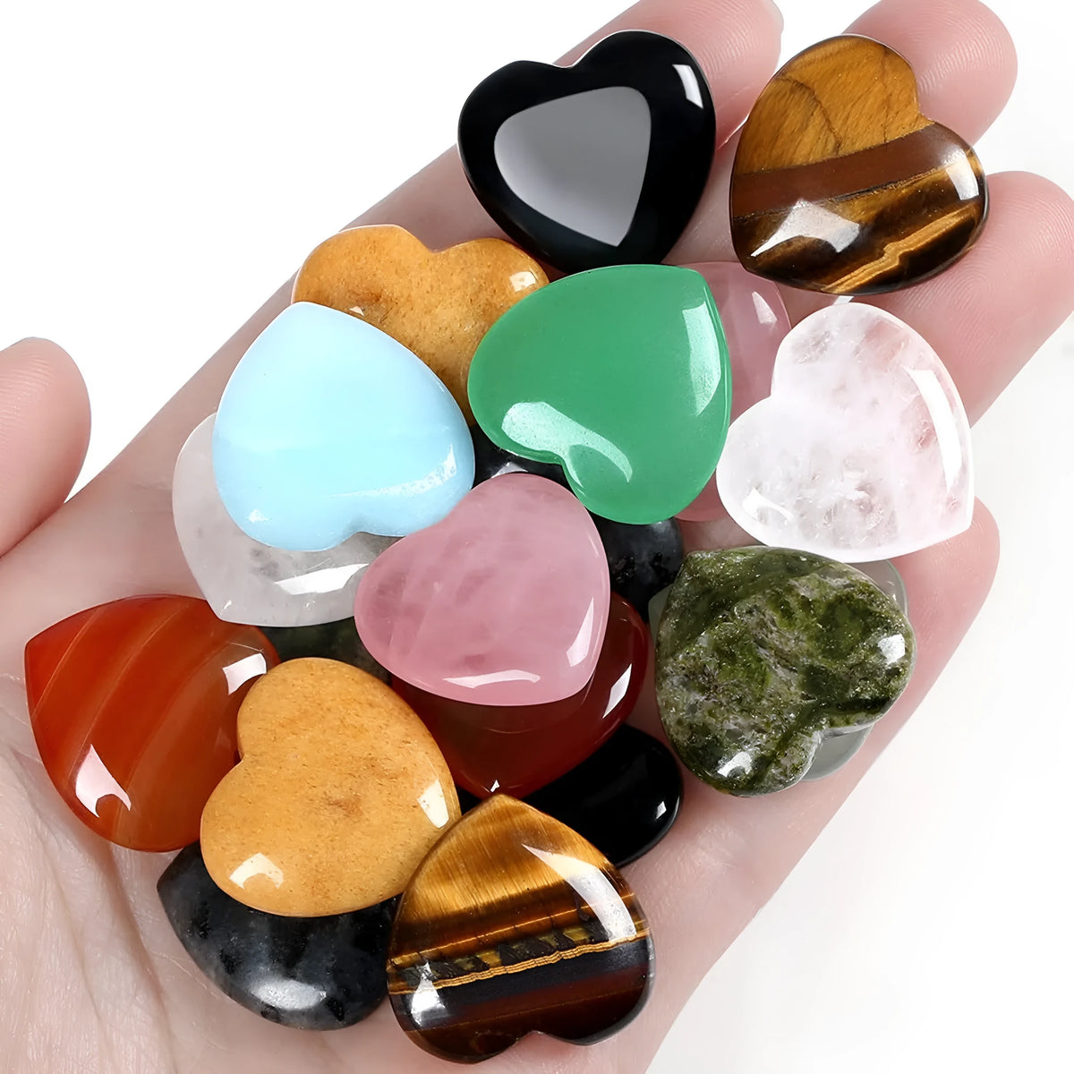Set of natural crystal heart-shaped stone ornaments in random colours, 20x20x6mm each