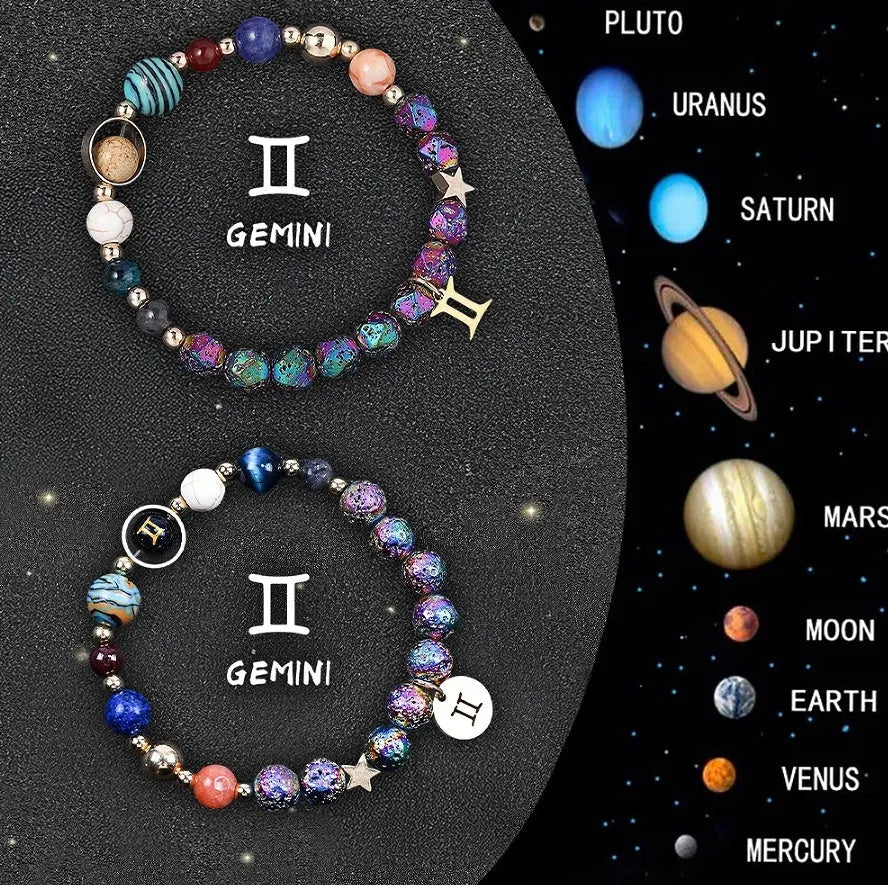 Natural stone beaded bracelet showing an adjustable strap with a zodiac charm, available in twelve astrological sign styles.