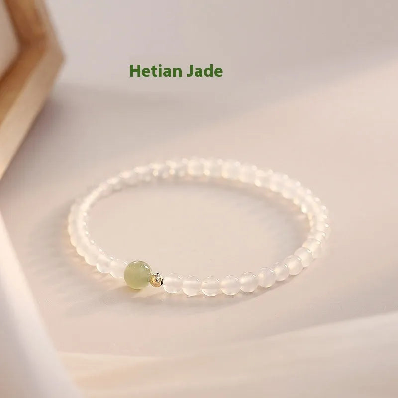 Handcrafted white agate women's bracelet with natural stone beads, 15 cm length, New Chinese style