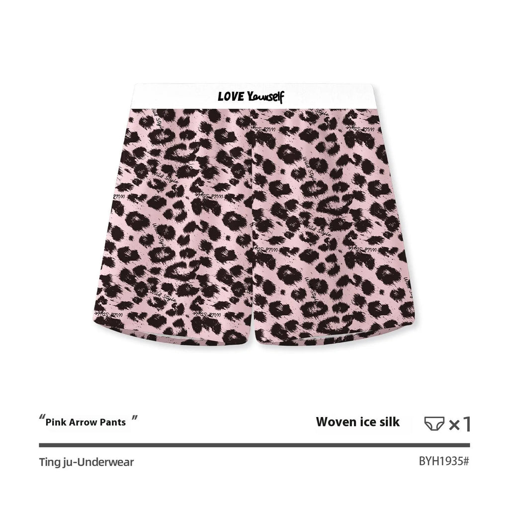 Men's leopard print woven boxer briefs in Ice Silk polyester fabric for quick-drying sports wear