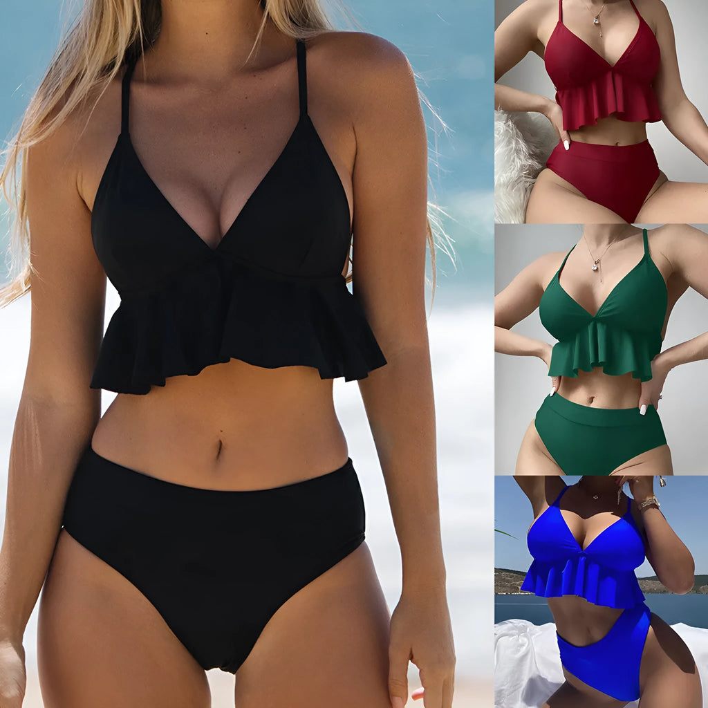 Women's solid colour bikini swimsuit showing sleeveless top and pants in available colours.