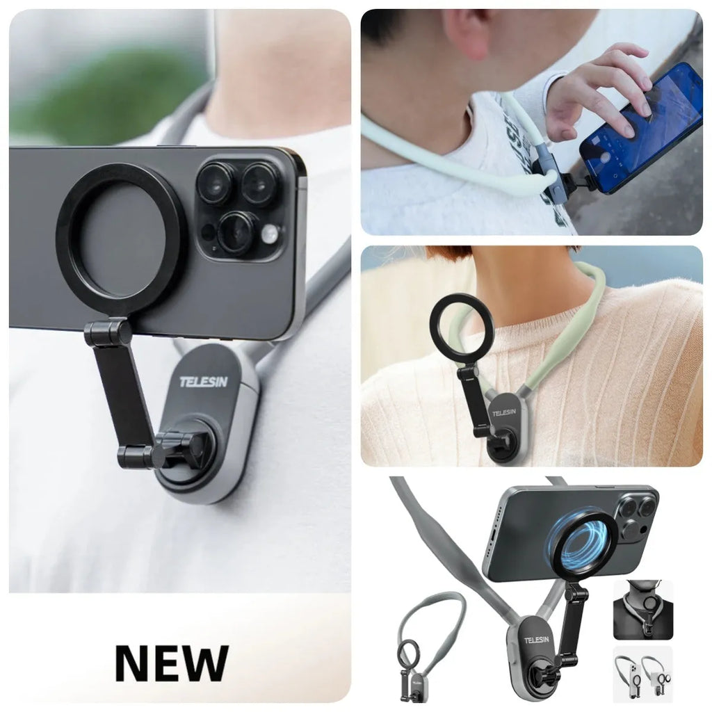 Grey silicone magnetic neck mount for mobile phones shown holding a phone in landscape orientation.