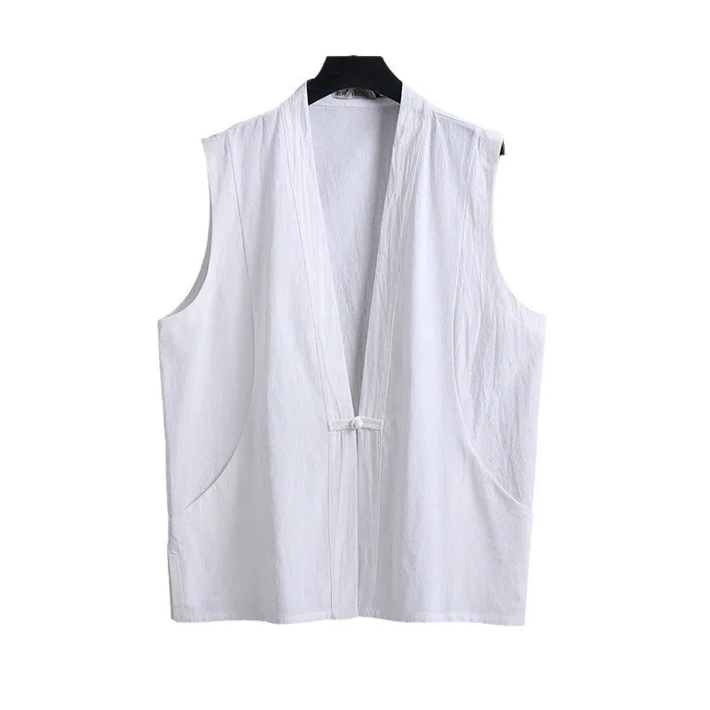 Men's loose fit linen sleeveless vest in a solid colour on a hanger.