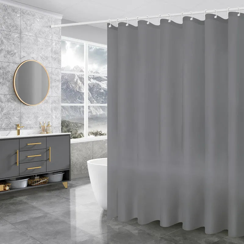 PEVA shower curtain with stainless steel buttonholes in a geometric pattern, available in multiple sizes and colours