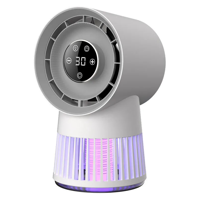 White plastic 2-in-1 mosquito killer and USB desk fan with night light, showing compact bladeless design.