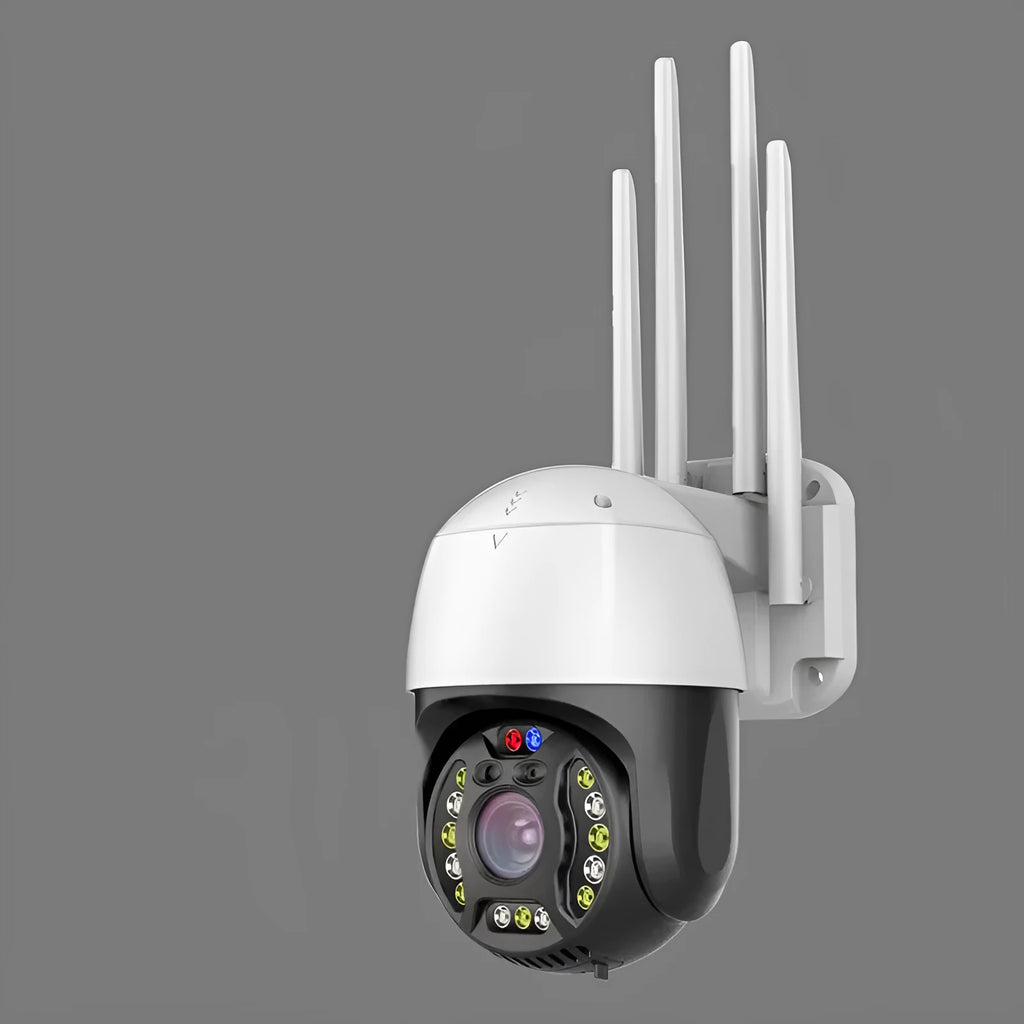 5MP outdoor dome surveillance camera with 360 degree rotation, 30m infrared night vision, and 6mm lens on a wall mount