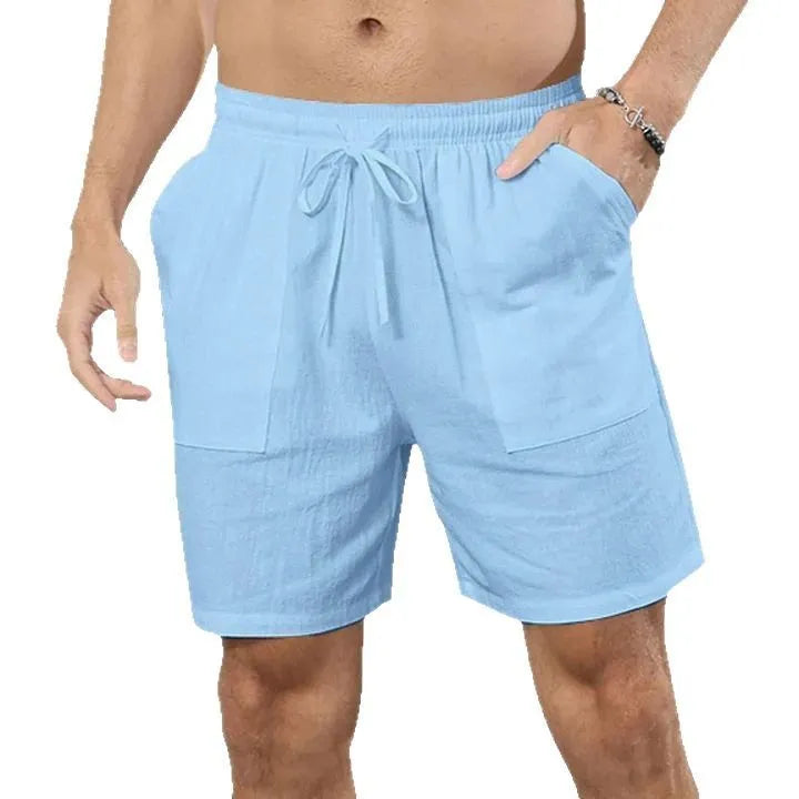 Men's light blue cotton linen straight-cut casual shorts on a hanger.