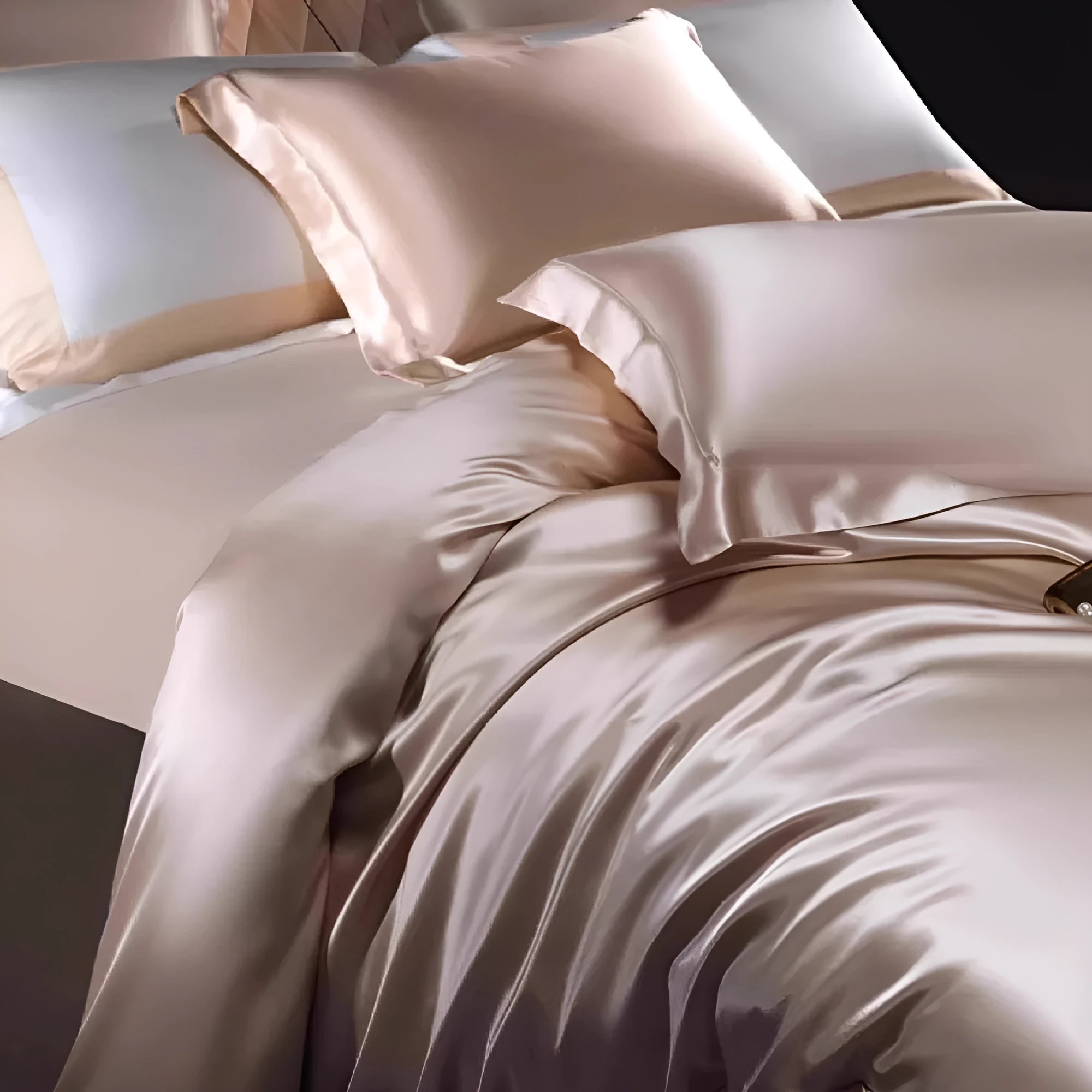 A silk four-piece quilt cover set in a solid colour, shown on a bed with matching sheets.