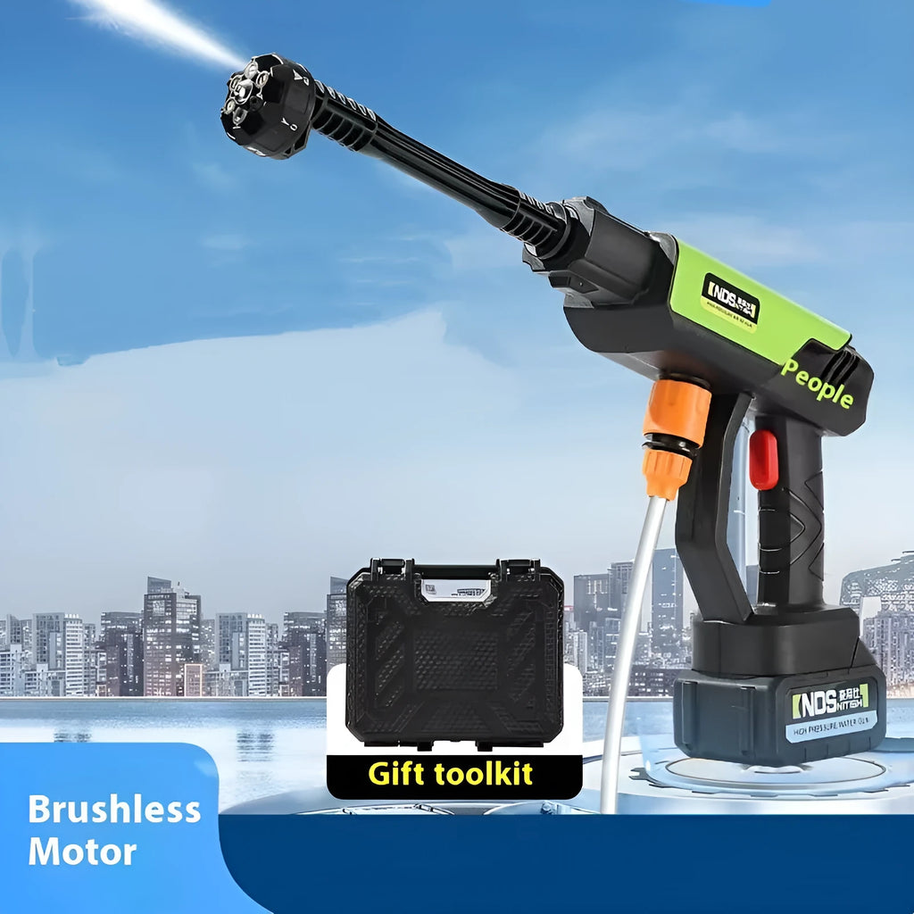 Green wireless high-pressure water gun with metal nozzle, foam pot, extension rods, and battery charger on a grey background