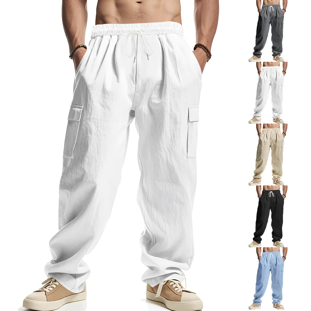 Men's multi-pocket straight linen cargo trousers in khaki, front view with pockets visible.