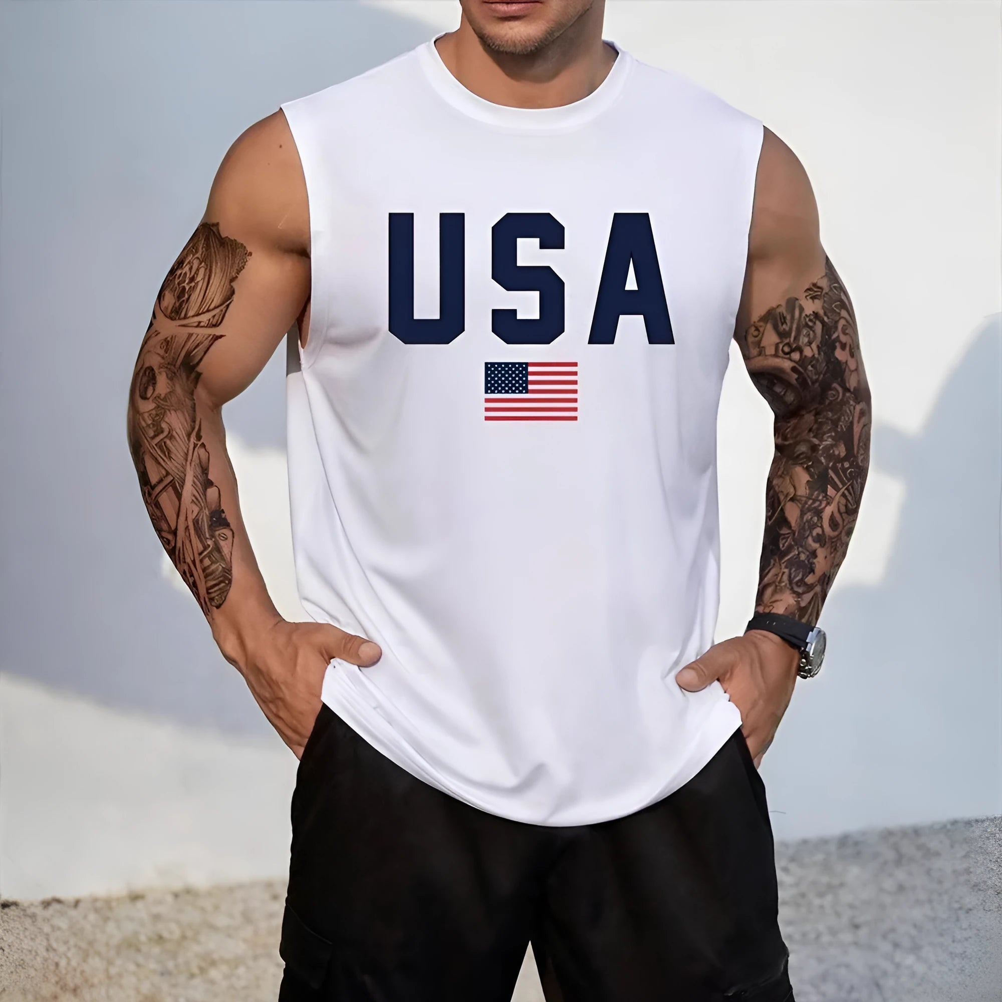 Men's sleeveless polyester vest top in dark heather grey with printed design, available in sizes S to XXXXL