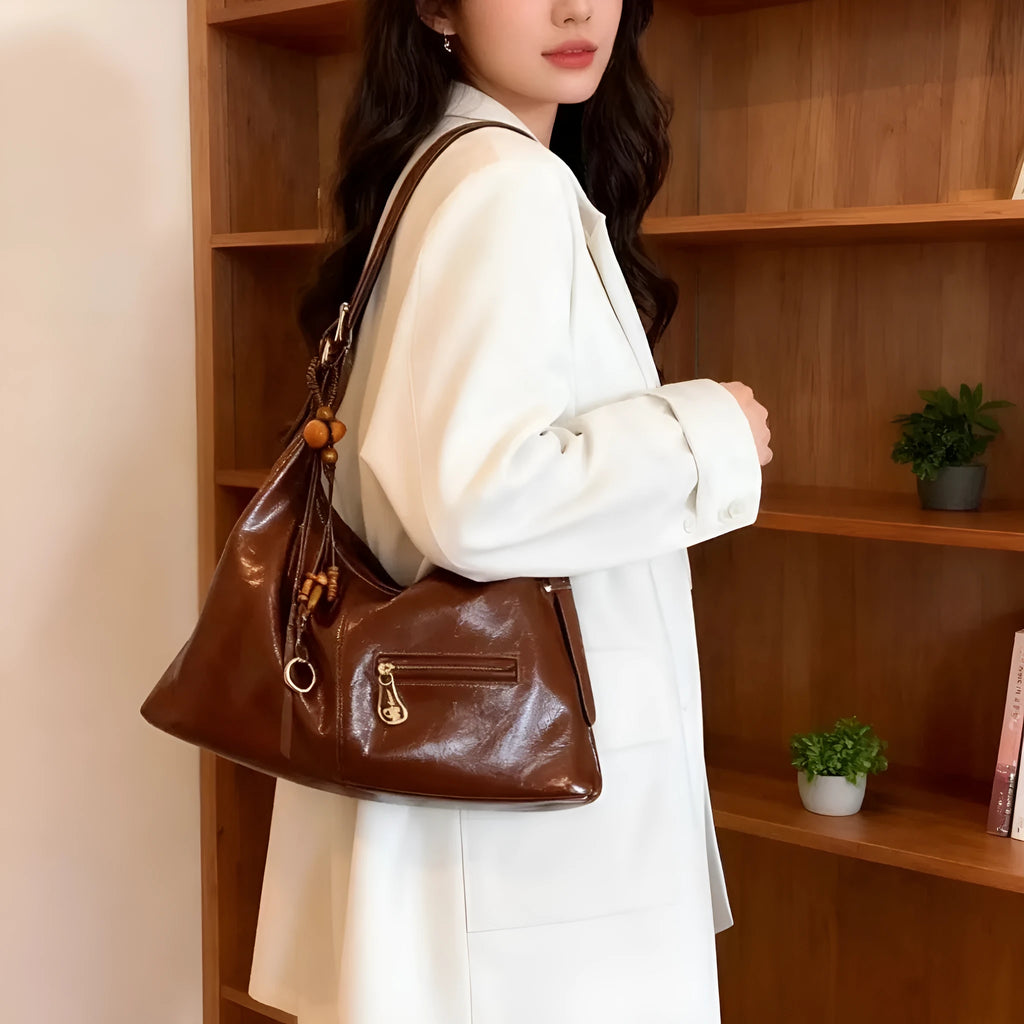 Women's large capacity PU tote bag in beige, horizontal square shape with single shoulder strap
