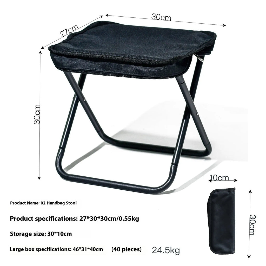 A folded lightweight camp stool with an Oxford cloth seat in a choice of colours.