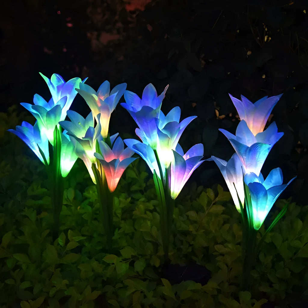Flower-shaped solar LED ground lamp for garden lighting with colour-changing LEDs