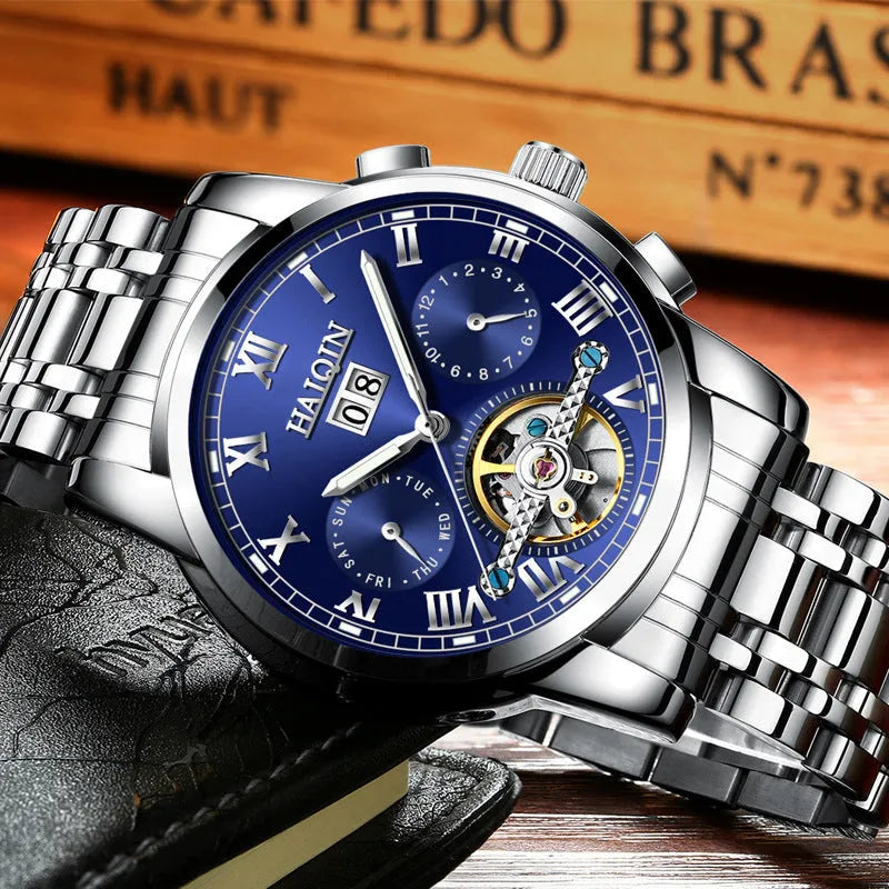 Men's waterproof luminous hollow tourbillon automatic mechanical watch with stainless steel strap and 42mm case