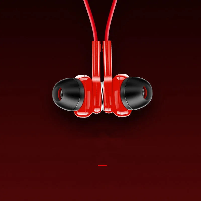 Black, red, and white binaural neckband Bluetooth sports earphones with a USB cable.