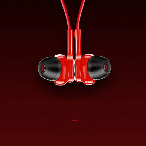 Black, red, and white binaural neckband Bluetooth sports earphones with a USB cable.