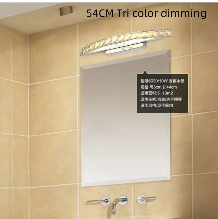 LED bathroom wall lamp with crystal mirror headlight, stainless steel hardware, available in 44cm 54cm or 70cm arc length