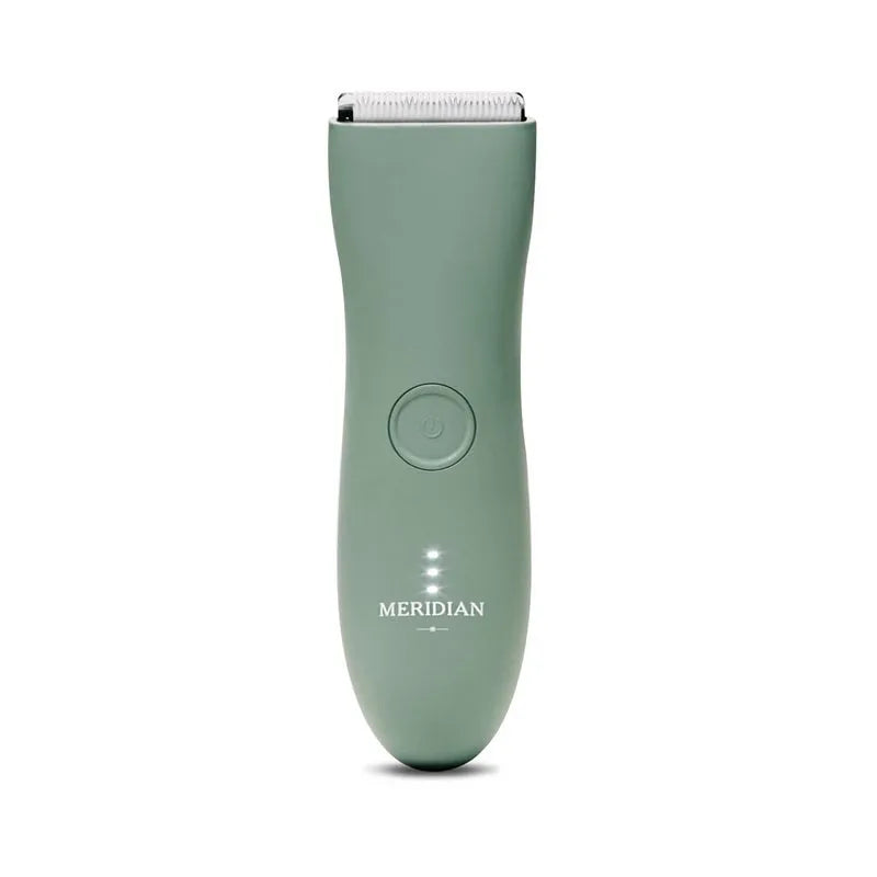 Waterproof cordless electric body hair trimmer in black with polycarbonate shell and two comb attachments