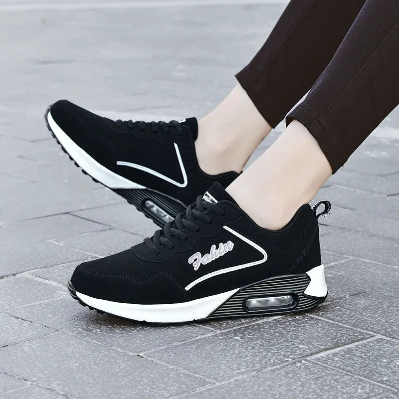 Spring leather plus size air cushion sports shoes for women, casual walking, low-top lace-up, black and white colour