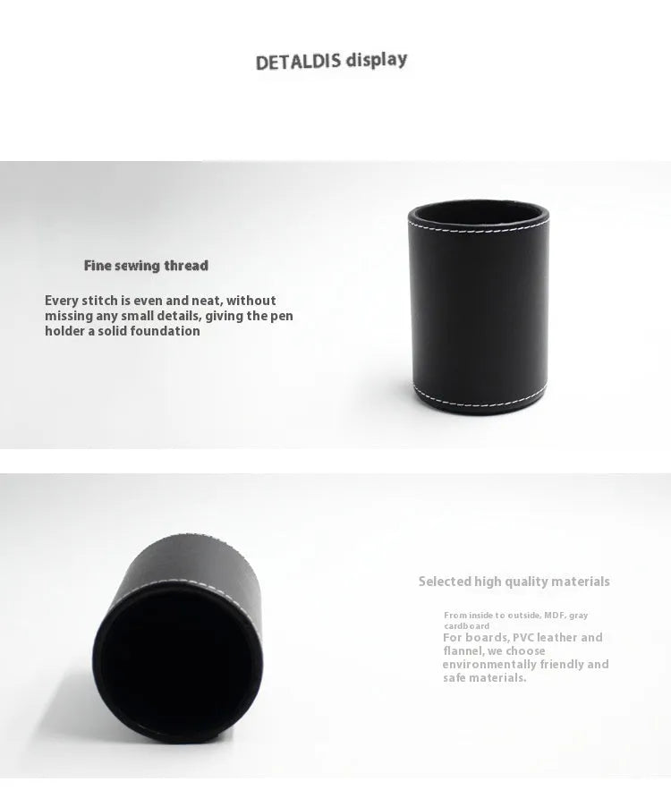 Black leather round pen container on desk with dimensions 8.0cm diameter 10.8cm height
