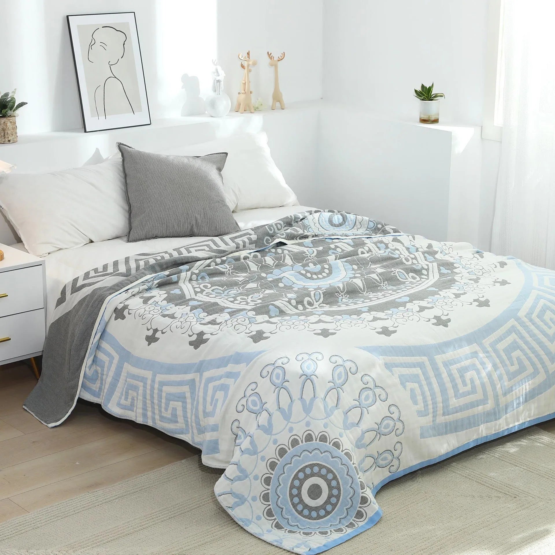 Pure cotton five-layer towel blanket with blue plant and flower coated print pattern