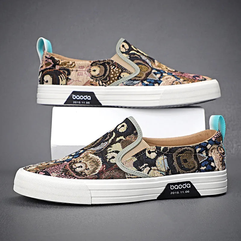 Khaki coloured canvas low-top slip-on sneakers with vulcanised rubber soles and a round toe.