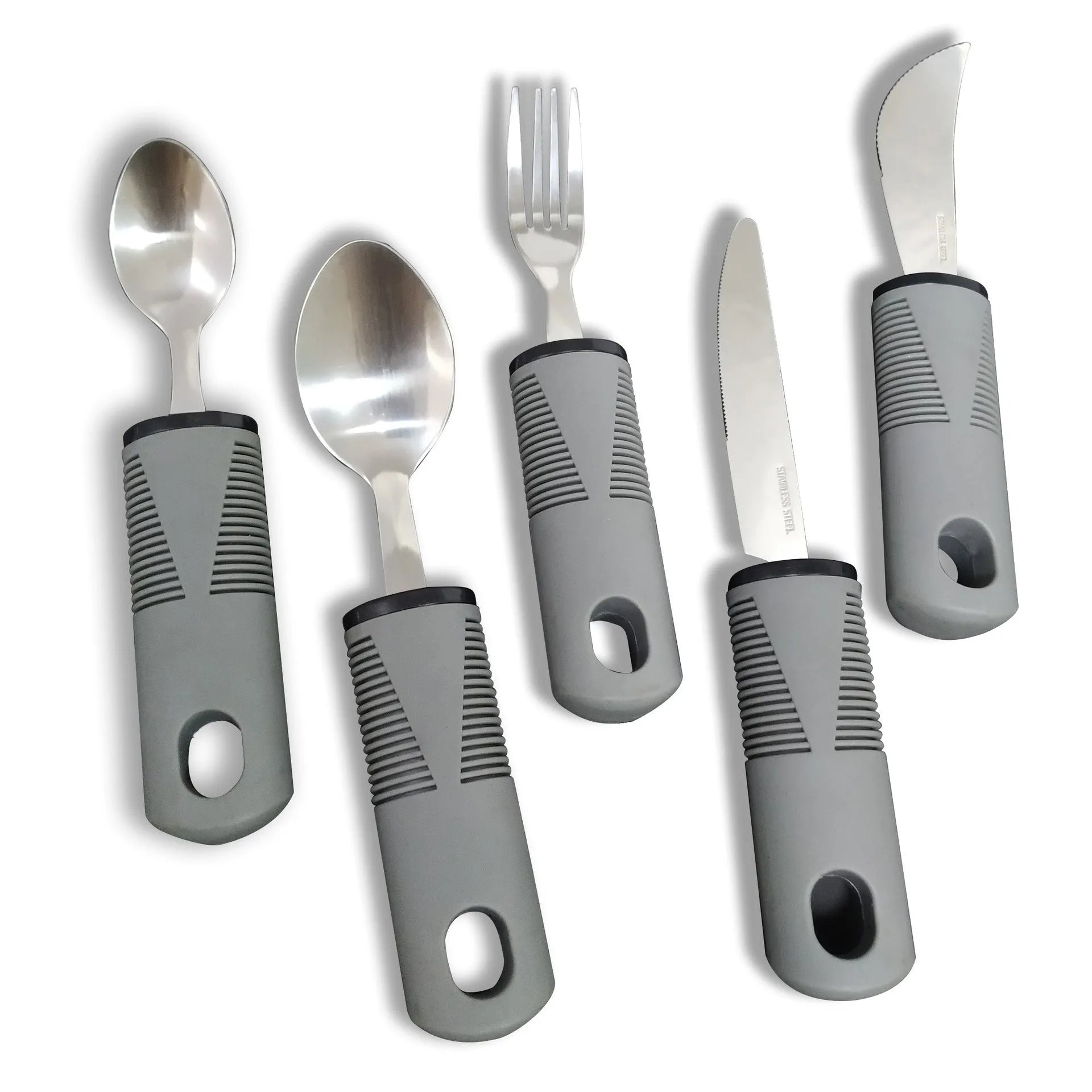 Stainless steel adaptive cutlery set with rubber handles for elderly or disabled users