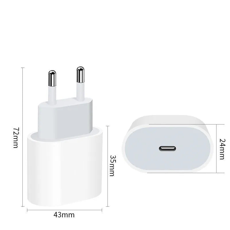 PD20W direct charge mobile phone charger with USB port and choice of US or European plug.