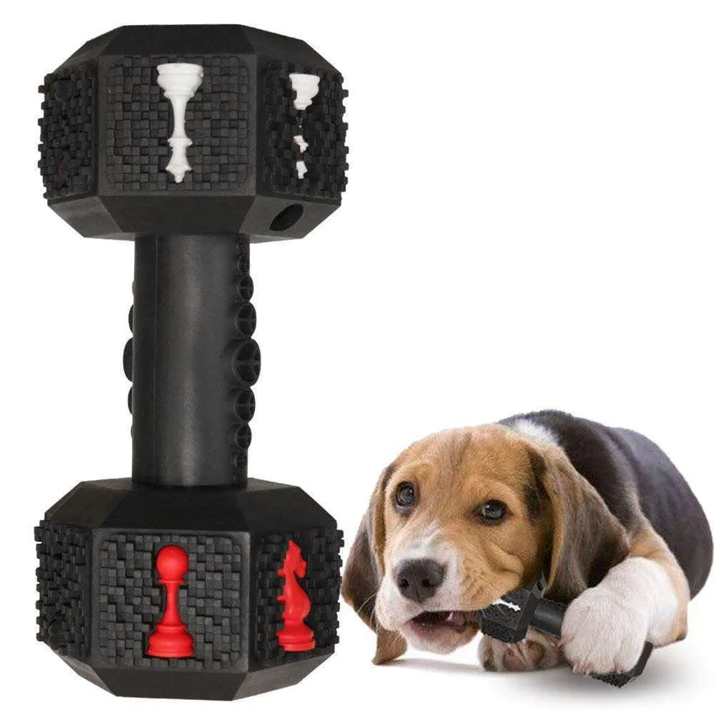 Natural rubber dog chew toy with hollow dumbbell design and textured surface for aggressive chewers