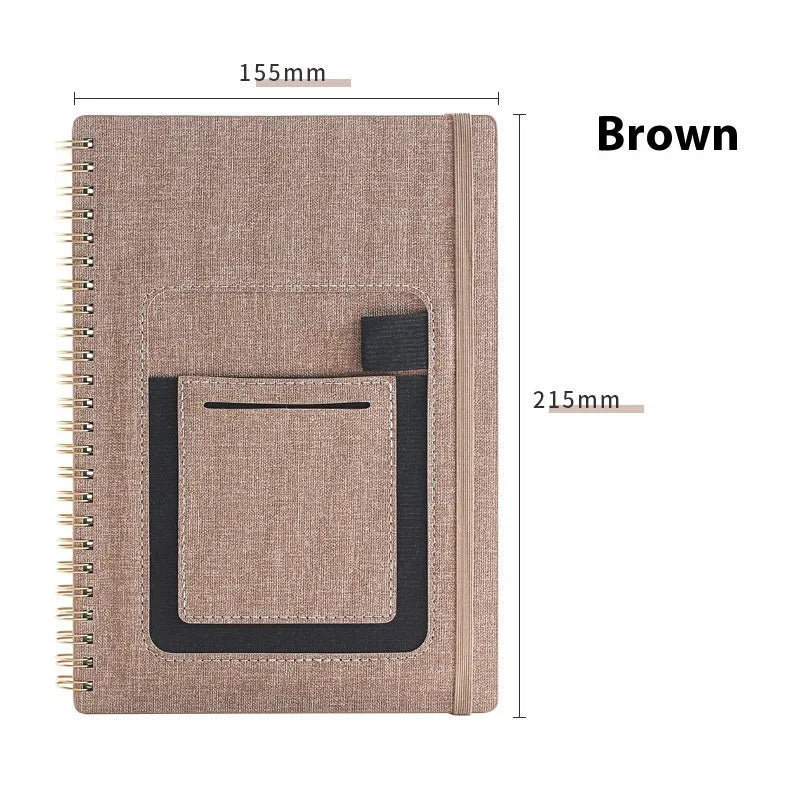 Erasable reusable coil notebook with rock stone paper, shown with a pen and cleaning cloth on a customisable cover.