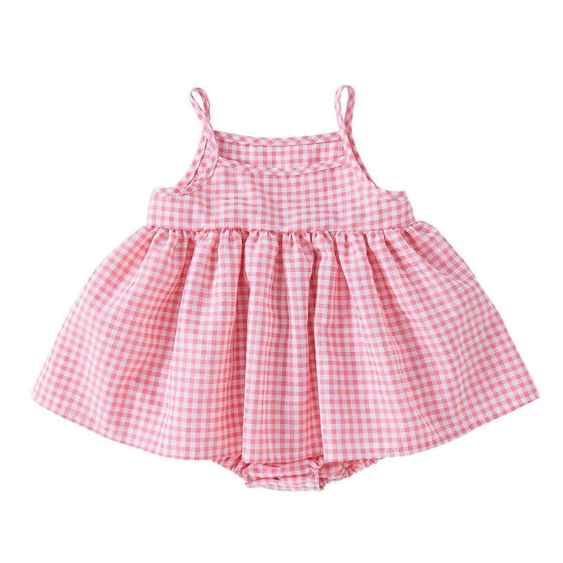 Korean style baby sling romper plaid princess dress in pink and light green, polyester fabric, sizes 68-86