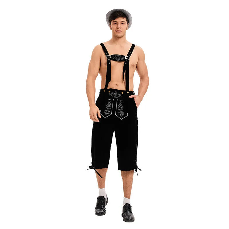 Polyester suspenders beer pants in black, brown, and khaki colours for stage wear