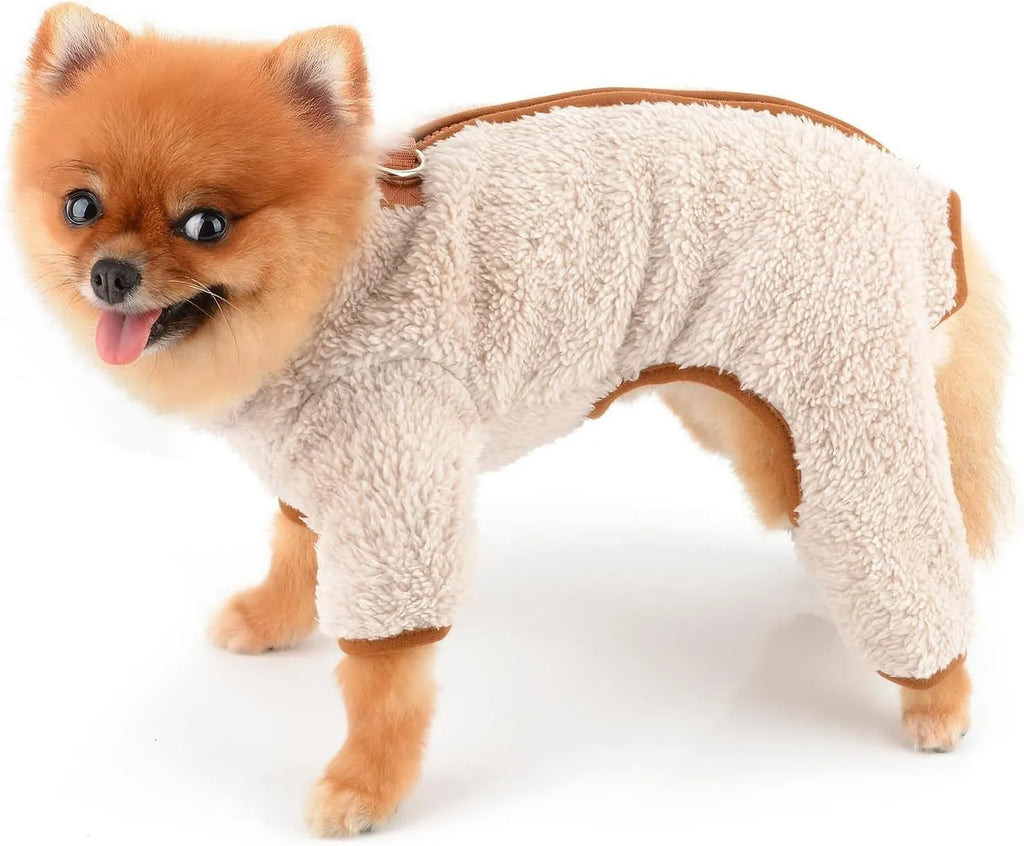 Green fleece dog jumpsuit with four legs and back zipper for small breed winter wear