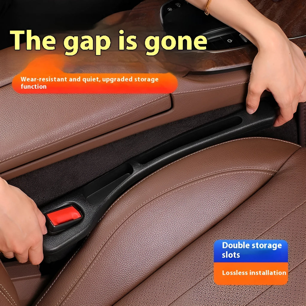 Leak-proof car seat gap filler strip in black installed between driver seat and centre console