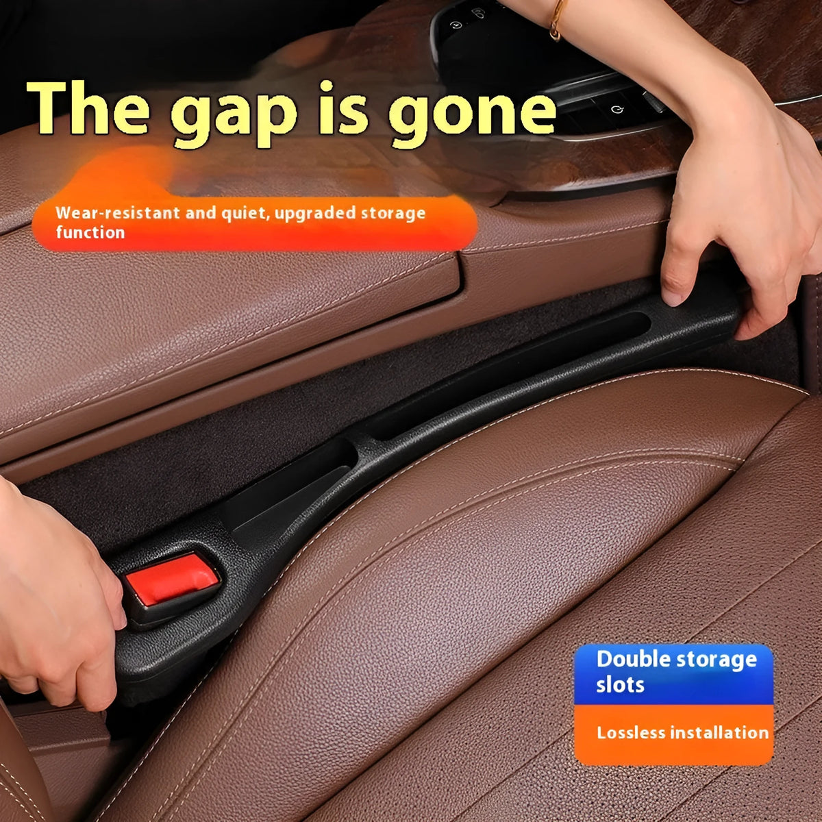 Leak-proof car seat gap filler strip in black installed between driver seat and centre console