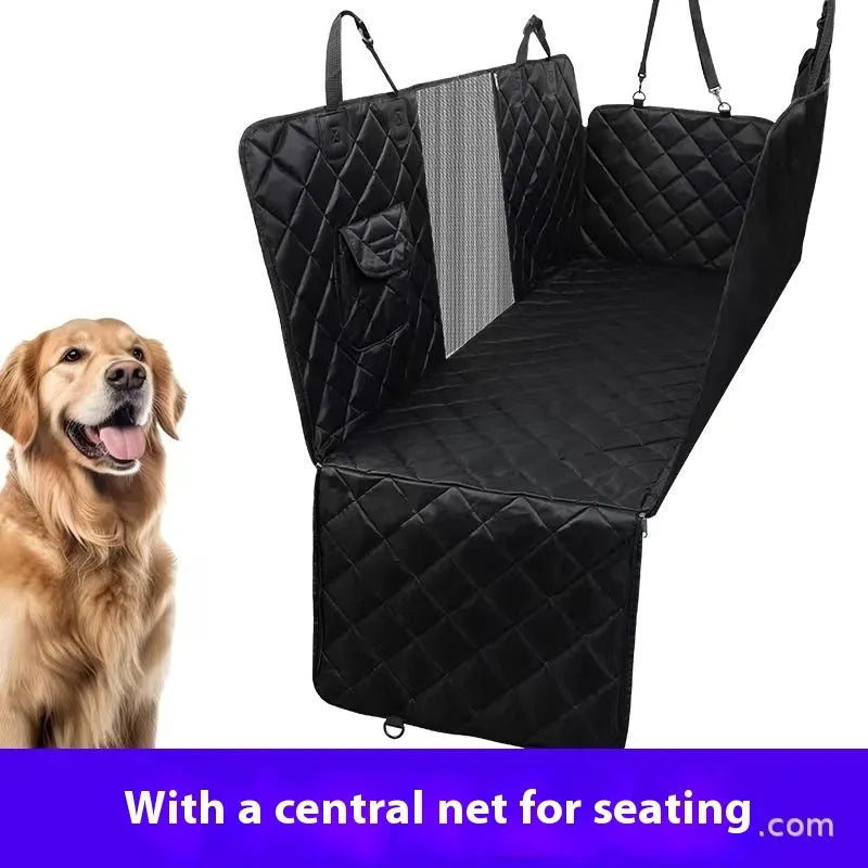 Pet car cushion fabric mat with seatbelt opening shown in black and grey colour options