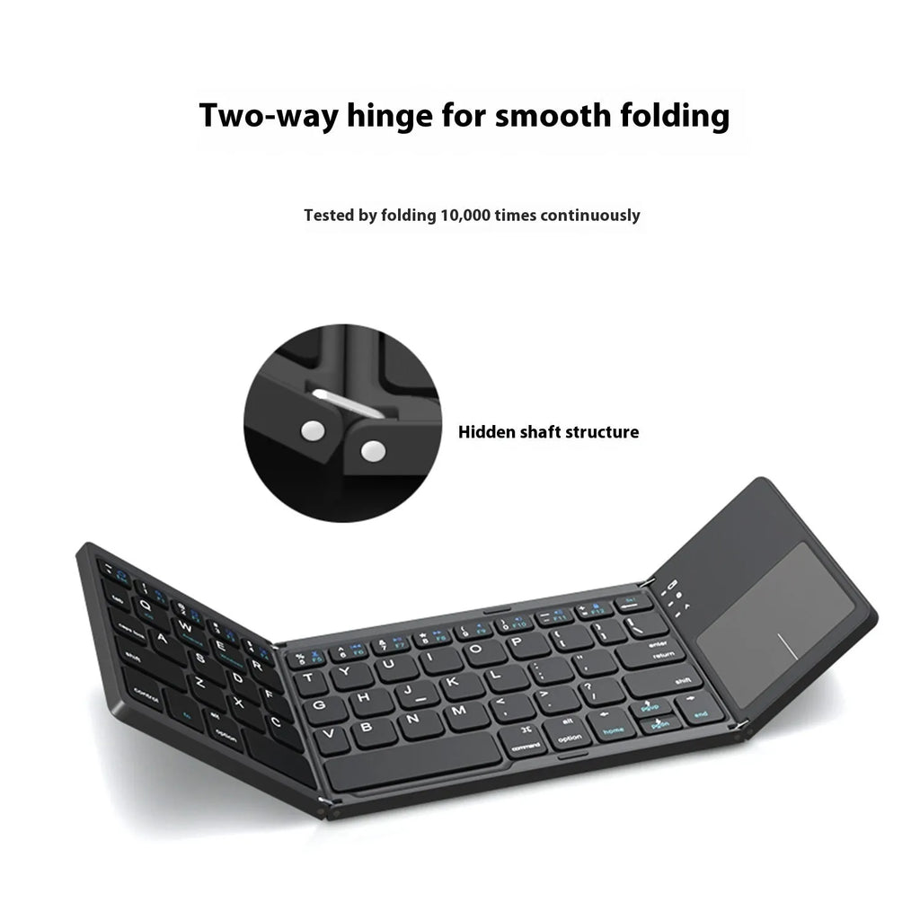 Black tri-fold Bluetooth keyboard shown folded and unfolded beside smartphone