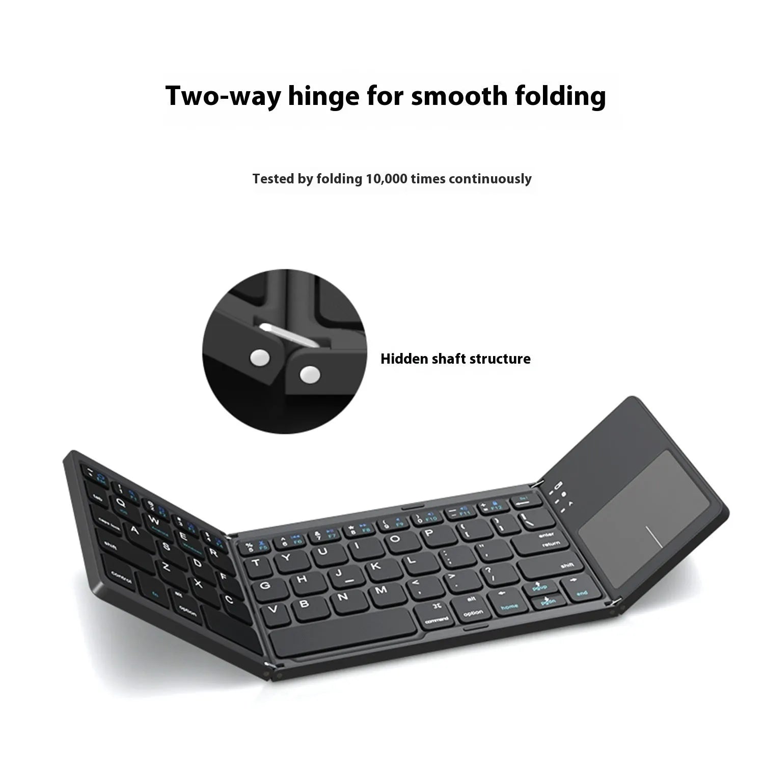 Black tri-fold Bluetooth keyboard shown folded and unfolded beside smartphone