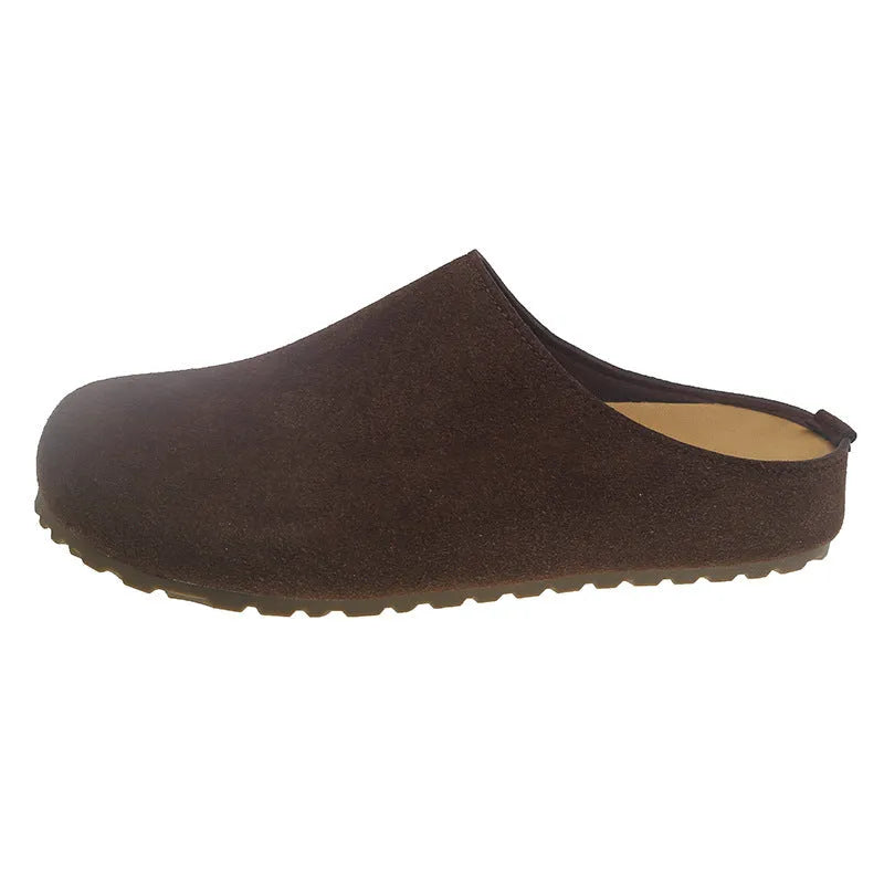 Korean style flat slip-on slippers in apricot colour with microfiber upper and PU sole.