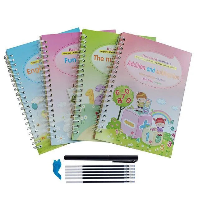 Four magic calligraphy copybooks with square slot design and pen set for children's handwriting practice