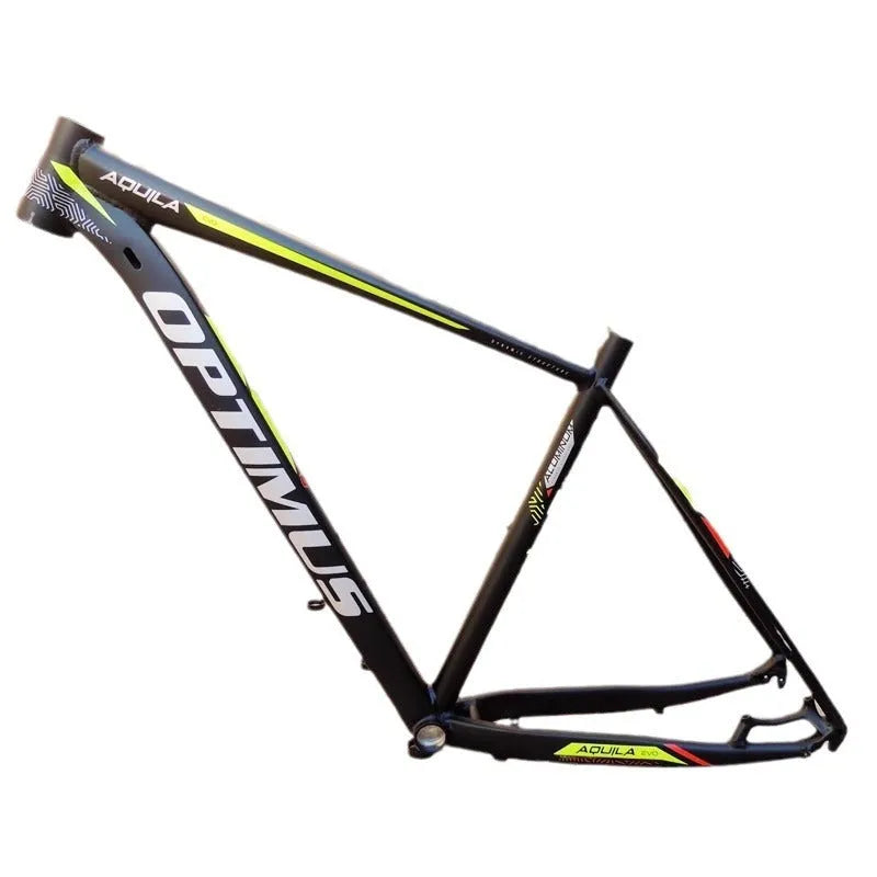 Black Green 29-inch aluminium mountain bike frame showing disc brake mounts and internal cable routing ports.