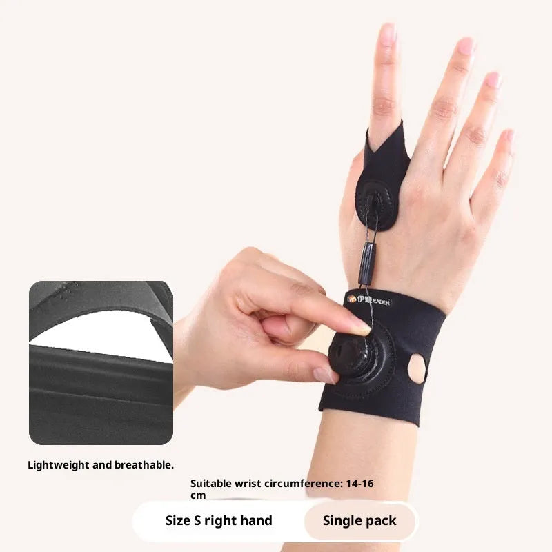 Rotating trigger finger corrector for thumb tendon sheath, five-finger universal, left hand shown, size S or M
