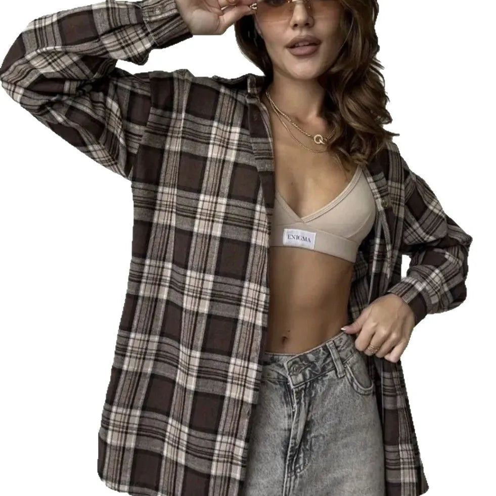 Women's retro striped long sleeve shirt in dark brown with pocket, cotton trueran fabric, regular fit