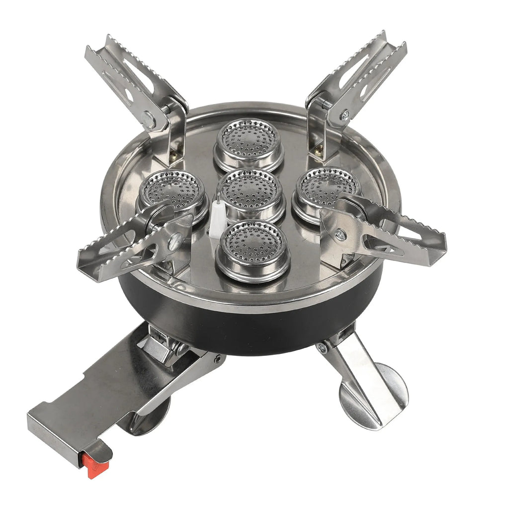 Silver portable split camping stove made of stainless steel and copper, shown folded with gas hose.
